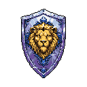 A majestic pixel art shield features a golden lion's head, crowned with a jeweled emblem, radiating nobility and power. The shield's icy texture and elaborate border create a sophisticated, fantastical vibe.