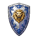 This pixel art depicts a heraldic shield emblazoned with a fierce, golden lion's head snarling against a silver and royal blue backdrop. The detailed design and vibrant colors evoke a sense of nobility and strength, suggesting a valuable item from a fantasy realm.