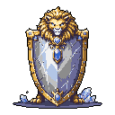 This pixel art showcases an ornate shield emblazoned with a regal lion's head, complete with flowing golden mane and striking blue gems. The silver shield, trimmed in gold, exudes power and nobility, evoking a sense of high fantasy.