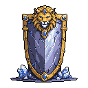 A majestic pixel art shield, rendered in metallic blue and gold, features a fierce lion crest with striking blue gems. Crystalline formations support the shield, adding a touch of fantasy to this emblem of strength and nobility.