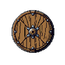 A sturdy, pixel-art wooden shield, reinforced with metal bands and rivets, takes center stage. This iconic piece of protective gear evokes a sense of medieval craftsmanship and durability.