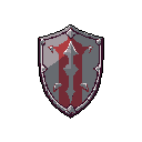 This pixel art image showcases a detailed heater shield, rendered in muted grays and deep reds, evoking a sense of stoic defense. The intricate design and classic video game aesthetic suggest a medieval fantasy setting.