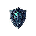 This pixel art showcases an ornate, magical-looking heater shield featuring a glowing four-pointed star emblem and claw-like metal accents. The shield's cool, dark color palette and intricate design evoke a sense of powerful mystique and fantasy.