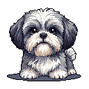 This pixel art features an adorable, fluffy dog with big, expressive eyes, gazing directly at the viewer with a gentle demeanor. The focus is entirely on the cute canine, isolated against a solid black backdrop.