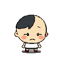 This pixel art depicts a sad child with flushed cheeks, white t-shirt, red shoes, and a side part, standing alone in a black void. The downturned eyes and simple pose evoke a feeling of sorrow and dejection.