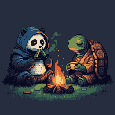 A cloaked panda and robed turtle share a quiet moment around a crackling campfire, their pixelated forms illuminated in the cool, dark night. The two companions seem lost in contemplation, enjoying a peaceful moment together.