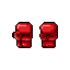 This pixel art features a pair of vibrant red boxing gloves, poised and ready against a stark black backdrop. The simple yet striking design evokes themes of power and readiness.