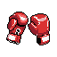 This pixel art showcases a pair of red boxing gloves poised for action, their dynamic clash embodying the energy and power of the sport. The high-contrast design and retro style evoke a sense of classic fighting games.