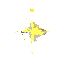This vibrant pixel art depicts a dynamic, star-like explosion of yellow and white against a stark black background. The energetic burst, complete with scattering particles, evokes a sense of sudden impact or magical energy.