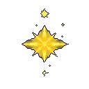 A vibrant, multi-pointed starburst in bright yellows and oranges dominates this pixel art, radiating a magical or celestial energy. A smaller star and scattered sparks add to the luminous effect against a stark black background.