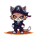 This pixel art features an adorable yet stern cat pirate, complete with a skull-adorned hat, coat, and bright yellow eyes. Ready for adventure, this feline buccaneer brings a playful twist to the classic pirate aesthetic.