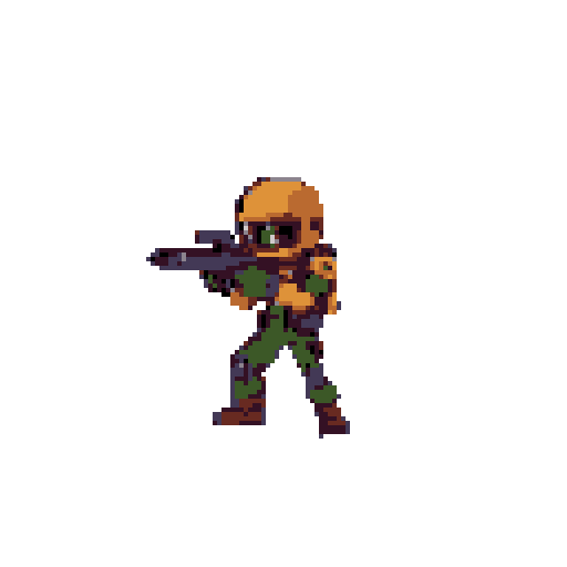 A pixelated soldier stands ready for action, rifle raised and aimed, with a distinctive yellow-orange helmet and vest over a green and gray uniform. The mercenary's combat-ready stance suggests a tense and potentially dangerous situation.