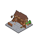 This pixel art showcases a cozy, isometric tavern in a medieval setting, complete with warmly lit windows and green-skinned patrons. One figure is standing near the entrance, while another enjoys a drink at an outdoor table, creating a scene of peaceful camaraderie.