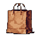 This pixel art image isolates a simple brown paper bag, rendered in earthy tones and a three-quarter view. The stark black background emphasizes the bag's utilitarian form, creating a subtly nostalgic and slightly mysterious feel.