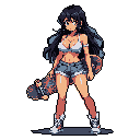 A confident anime-style girl casually poses with her skateboard, her cool color palette and modern design popping against the stark black background. Her relaxed stance and subtle expression hint at a rebellious yet approachable personality.