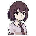 This pixel art portrait captures a young woman with a neutral expression and muted colors, reminiscent of retro character designs. Her aubergine hair and school uniform are rendered in a desaturated palette, creating a quiet and slightly melancholic mood. The stark black background emphasizes her contemplative gaze.