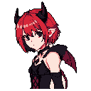 A curious demon girl with fiery red hair and black horns gazes out with large, glossy eyes. Her dark attire and bat-like wings hint at a mysterious nature, contrasting with her somewhat soft and appealing features.