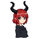This pixel art portrait features a light-skinned girl with ram-like horns and reddish-brown hair, her gentle expression creating a blend of fantasy and innocence. Set against a pure black backdrop, the image evokes a calm, slightly melancholic mood.