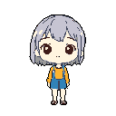 This pixel art features a cute, chibi-style girl with lavender hair and big brown eyes, wearing orange and blue overalls. Her neutral expression and isolated stance give the image a touch of melancholic charm.