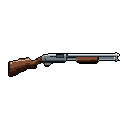This pixel art showcases a detailed, horizontally-oriented pump-action shotgun, rendered in realistic browns, tans, and grays. The image evokes a practical, combat-ready vibe, reminiscent of a classic video game weapon sprite.