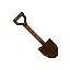 A pixel art shovel, rendered in earthy browns, is depicted in simple, utilitarian style against a black background.