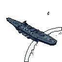 A pixelated aircraft carrier, rendered in shades of blue-grey, cuts through the black void, leaving a churning white wake as it moves. The detailed silhouette and retro style evoke a sense of classic video game action.