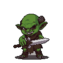 This pixel art depicts a menacing green goblin, sneering and brandishing a dagger, ready to strike. Its hunched posture and tattered clothing emphasize its hostile and low-level threat.