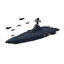 This pixel art showcases a modern battleship rendered in dark blue-gray tones against a stark black backdrop. The angular vessel features engine exhaust bursts and a slender mast, conveying a somber and serious mood.