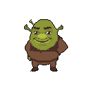 This pixel art depicts a smiling and confident Shrek, arms behind his back, rendered in charmingly simple detail. The iconic ogre's friendly expression and relaxed posture create a humorous and approachable vibe.