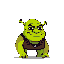 This pixel art image presents a humorous and nostalgic rendition of Shrek, the beloved ogre, rendered in retro style. His signature green skin and brown vest are instantly recognizable, set against a stark black background.