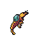 A vibrant, pixelated creature with maroon body and golden wings leaps against a stark black background, exuding an energetic and fantastical vibe.
