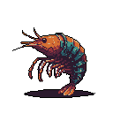 A detailed pixel art shrimp floats against a black backdrop, showcasing intricate orange, purple, and teal details. The stylized prawn's dynamic pose and rich colors evoke a natural history illustration with a touch of fantasy.