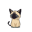 This pixel art features an adorable, stylized Siamese cat with bright blue eyes, crouched attentively against a black background. The charming design and limited color palette create a cute and endearing portrait of the feline.