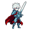 This pixel art features a stylized, anime-inspired knight with metallic blue armor and striking white hair, posed with a large, serrated sword. A flowing red cape adds a vibrant contrast to the cool tones, creating a mystical and heroic vibe.