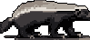 This pixel art image features a powerful, lumbering bear rendered in a stark, monochromatic palette. The heavy-set animal is captured mid-stride against a simple black background, evoking a somber and imposing vibe reminiscent of classic video game aesthetics.