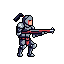 A pixelated knight stands ready, clad in gray and blue armor with red accents, aiming a long weapon forward. The retro-style image evokes a sense of medieval fantasy or classic gaming.