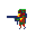 A pixelated, camouflaged figure stands ready with a rifle, poised for action against a stark black backdrop. The image evokes a militaristic feel with its dark color palette and focus on combat readiness.
