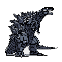 This pixel art showcases a powerful, monochromatic Godzilla roaring in a retro style. The iconic monster's dominant pose and detailed design are emphasized against a stark black background.