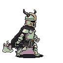 A stoic, pixelated knight stands ready for battle, gripping a two-headed axe in this evocative character sprite. The muted color palette and simple design create a sense of grim determination and nostalgic charm.