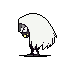 A cloaked, masked figure with a hunched posture and obscured features is rendered in a somber pixel art style, evoking mystery and vulnerability. The limited color palette highlights the character's pale mask and dark ponytail against the stark background.