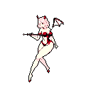 This pixel art features a stylized female figure with pink hair and demonic elements like horns and bat wings. Dressed in a minimal red and black outfit, she confidently poses with a staff, exuding a fantasy or supernatural vibe.