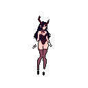 This pixel art features a confident, devilish woman with red horns and intricate detailing on her dark bodysuit. She strikes a playful pose, her alluring expression hinting at mischief.