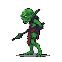 A hunched, green goblin shuffles forward in this pixel art, staff in hand, its shifty gaze hinting at mischief and low fantasy origins.