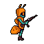 A teal, armored ant soldier brandishes a rifle in this striking pixel art, ready for action. The orange armor creates a bold contrast against the teal skin, highlighting the militaristic vibe.