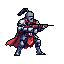 A pixelated knight, clad in grey and white armor with red accents, stands ready for battle holding a futuristic rifle. The image evokes a blend of medieval fantasy and futuristic action in a retro video game style.