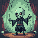 This pixel art features a cute yet eerie skeletal puppet with glowing eyes, wearing a tattered robe and controlled by marionette strings. Its unsettling-cute design and stage setting create a whimsical gothic vibe.