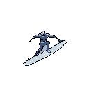 A lone, armored figure surfs a glowing board through the void in this minimalist pixel art, conveying a sense of silent, powerful motion. The stark monochromatic palette emphasizes the figure's futuristic form and solitary journey.