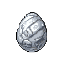 A textured, stone-like egg rendered in pixel art stands starkly against a black background, its fractured surface hinting at something ancient and dormant. The monochromatic palette and stark shadows emphasize its mysterious form and potential.