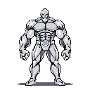 A powerful, muscular humanoid robot rendered in grayscale pixel art stands ready, its segmented body and imposing posture conveying a futuristic and slightly intimidating presence.