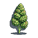 A solitary, stylized pixel art tree with red berries or flowers stands out against a stark black background. The dense green foliage and blue-grey shadow give the tree a sense of depth and presence. The image evokes a nostalgic, calming vibe, reminiscent of a classic video game asset.